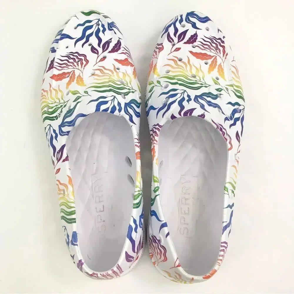 Sperry TopSider White Multicolor Tropical Rainbow Pride Unisex Floater Loafers
